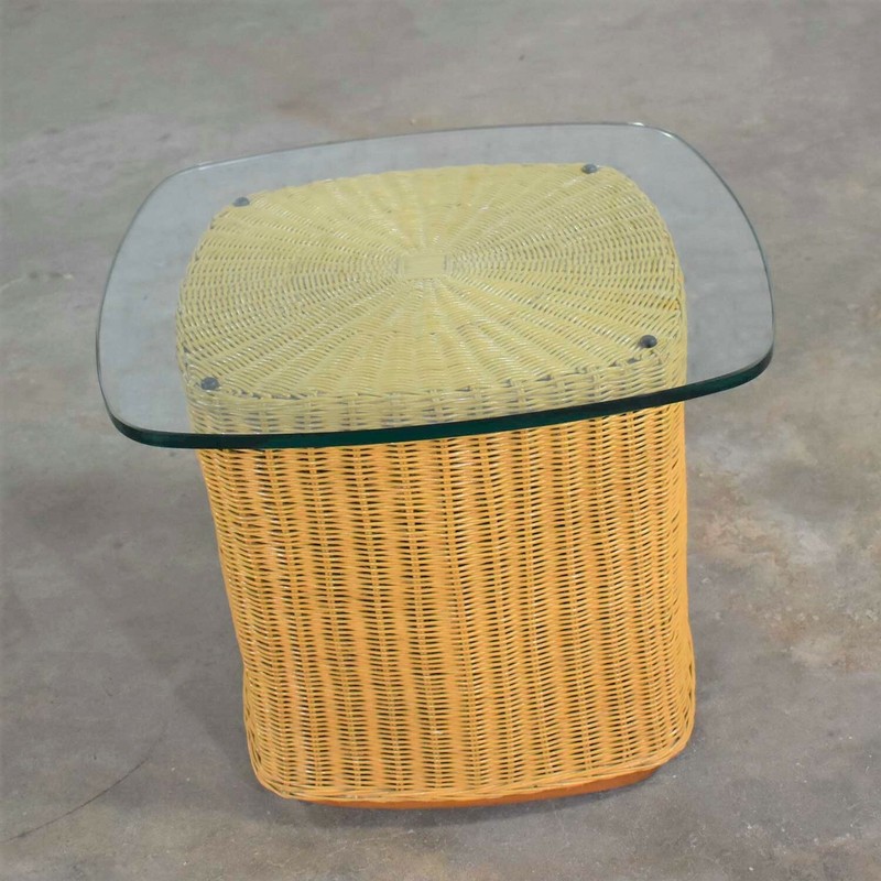 Rattan Wicker Organic Modern Side Table with Thick Glass Top