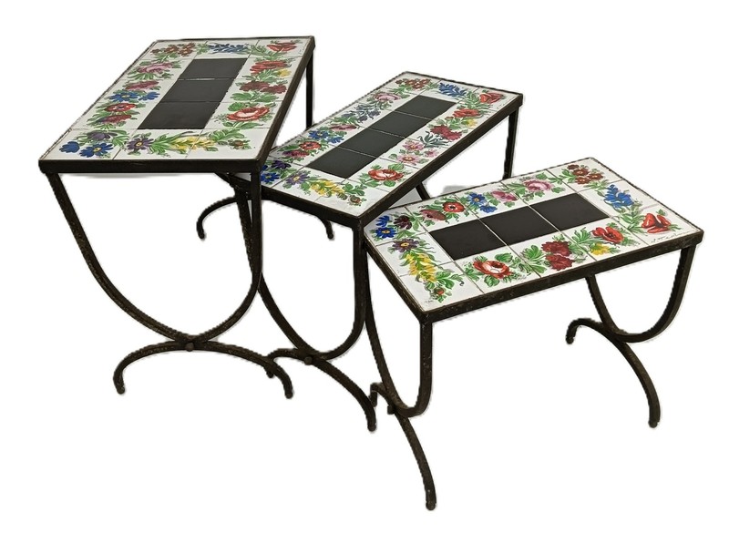 Vintage Set of 3 Nesting Tables with Wrought Iron Legs & Hand-Painted Ceramic Ti