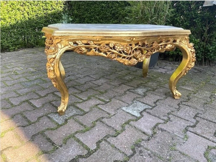 Coffee Table French Louis XVI Gold Beech Marble Vintage 1980s Elegant