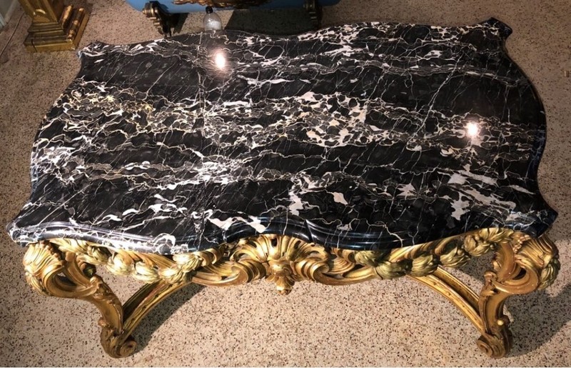 Louis XV Table , 19th Century , Grand & Sculpted w rare Saint Laurent Marble Top gallery