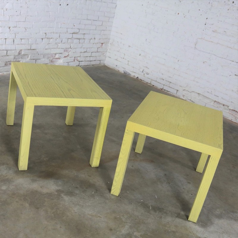 Mid Century Modern Blonde Cerused Oak Parsons End Tables Style Wormley / Dunbar