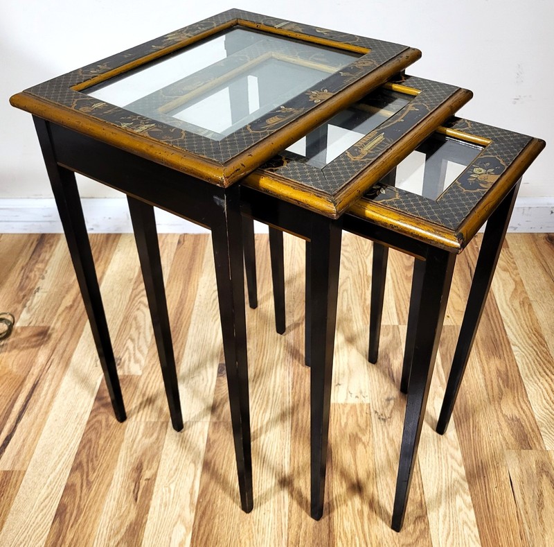 Set of 3 Vintage 20th C ENGLISH REGENCY Style CHINOISERIE Stack NESTING TABLES gallery