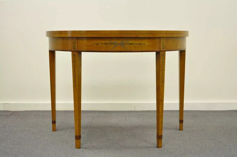 English Adams Style Hand Painted Leather Flip Top Demilune Console Game Table gallery