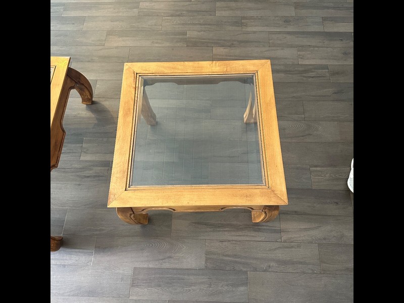 1970s VINTAGE/ANTIQUE GLASS TOP MING STYLE COFFEE TABLE SET OF 3 gallery