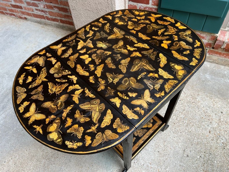 Vintage English Bar Cart Trolley Drop Leaf Chinoiserie Butterfly Lacquer Table gallery