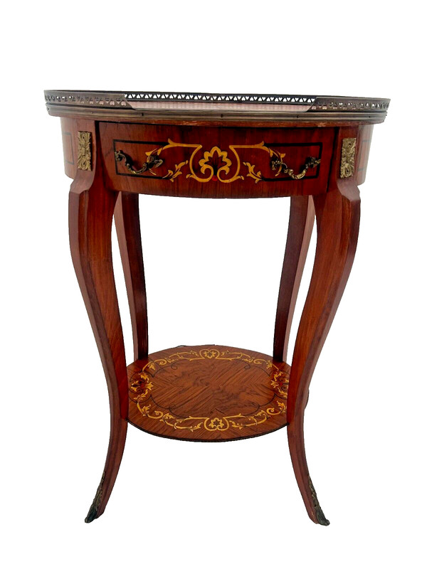 French Oval Table Entry Stand Shelf Drawer Geometric Inlays Hand painted Floral gallery