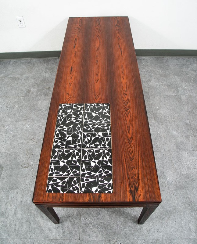 Mid Century Danish Modern Coffee Table Rosewood Tile White Black Surfboard NM gallery