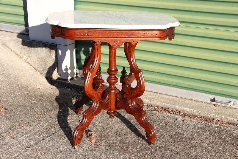 Ornate Walnut Victorian Renaissance Revival Turtle Marble Top Parlor Table