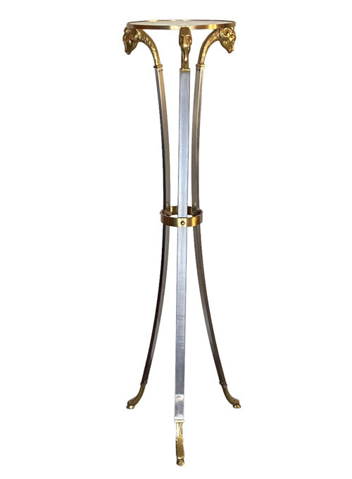 Italian Maison Jansen Brass Steel Aries Ram Heads Pedestal Table Plant Stand