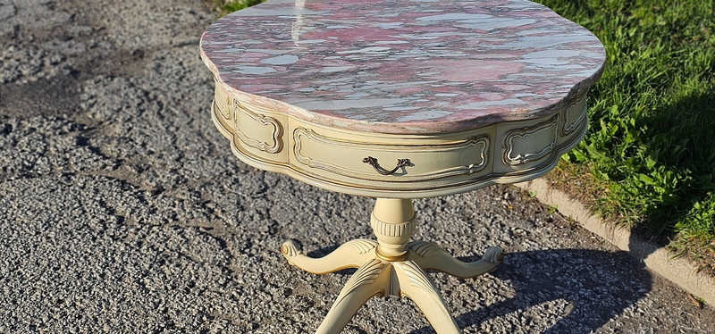 French Provincial Rose & white Marble top Parlor Table with drawers