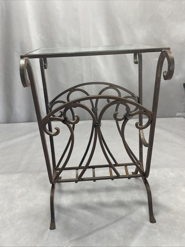 Vintage Wrought Iron Metal Glass Side Table Stand Magazine Rack