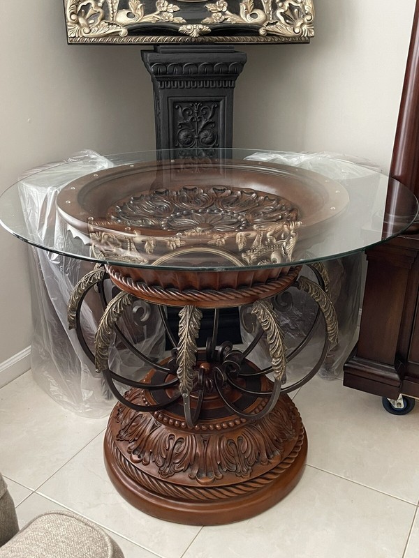 VINTAGE TABLE ROUND CARVED FLOWERS IRIS ORNATE IRON BRASS UNIQUE RATE HEAVY LARG