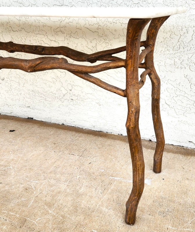 Vintage French Rustic Metal & Marble Faux Bois Branch Console Sofa Table gallery
