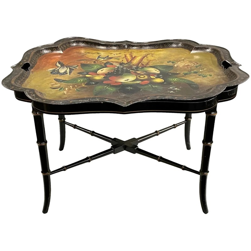 19th c English Toleware Tray with Custom Black Lacquer Bamboo Base