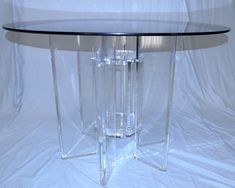Heavy Massive Lucite Base Round Bronze Smoked Glass Top Dining Conference Table gallery