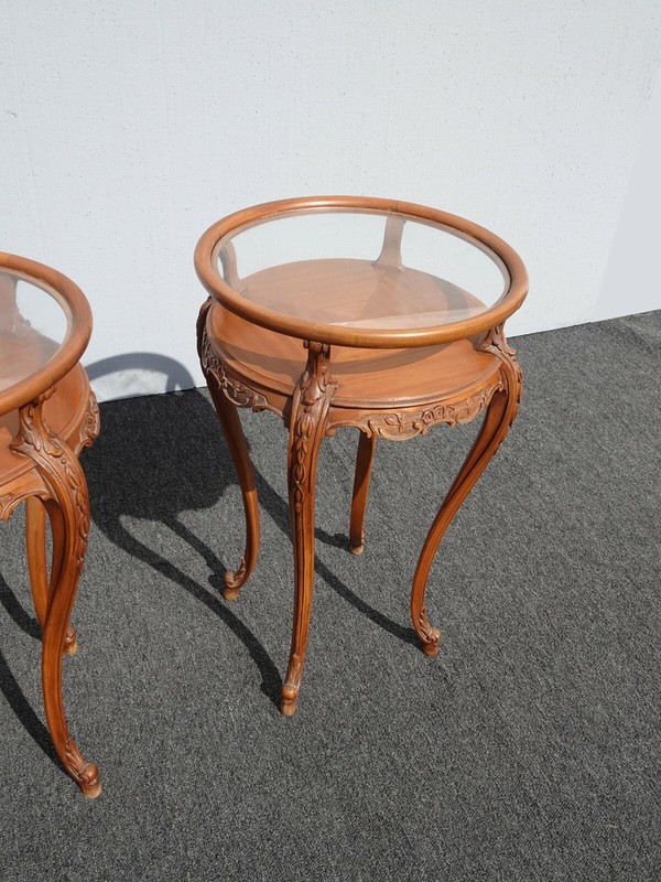 Vintage French Rococo Louis XVI Style Brown Ornately Carved Side Tables Two Tier gallery