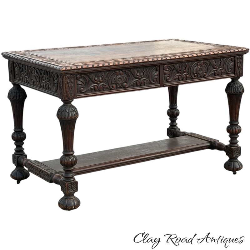 Antique victorian Black Forest heavily carved center table Oak library horner