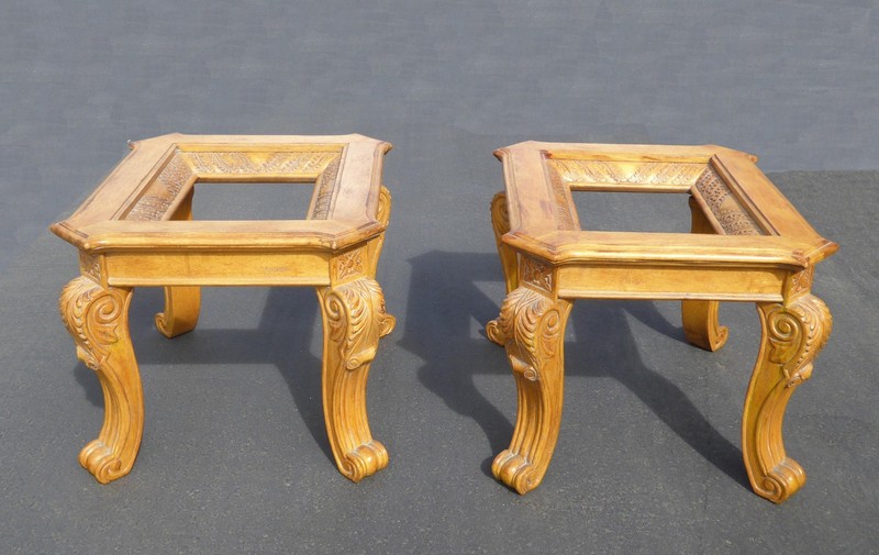 Pair Vintage Ornate Carved Wood End Tables with Glass Tops gallery