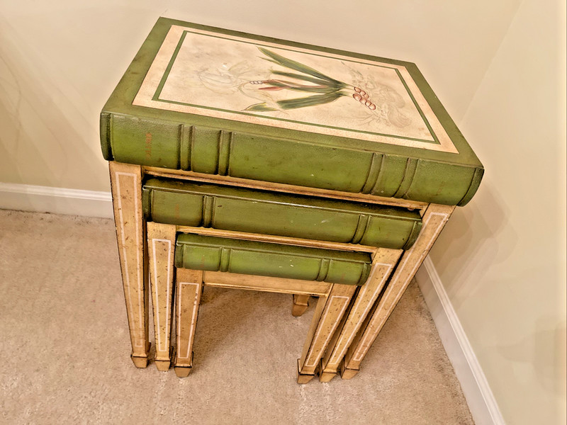 Set of 3 Nesting Tables Italian Style Faux Leather Bound Library Book Botanical gallery