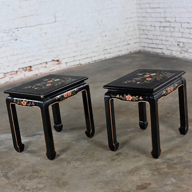 Distressed Chinoiserie Pair Black Lacquered End or Side Tables Ming Style Feet gallery