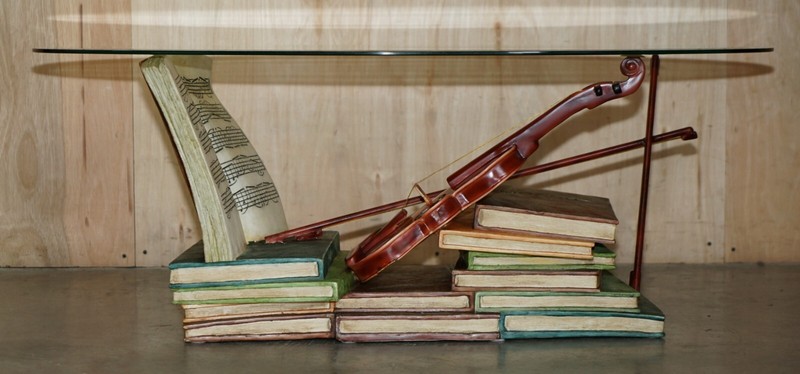 SUPER DECORATIVE MOZART STACKED BOOKS & VIOLIN COFFEE TABLE WITH GLASS OVAL TOP gallery