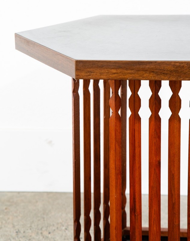 Mid Century Modern End Table Side Hexagon Arthur Umanoff Walnut Black Sculptural gallery