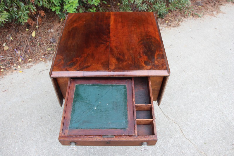 Empire Ca.1840 Flame Mahogany Three Drawer Drop Leaf Pot Belly Sewing Table gallery