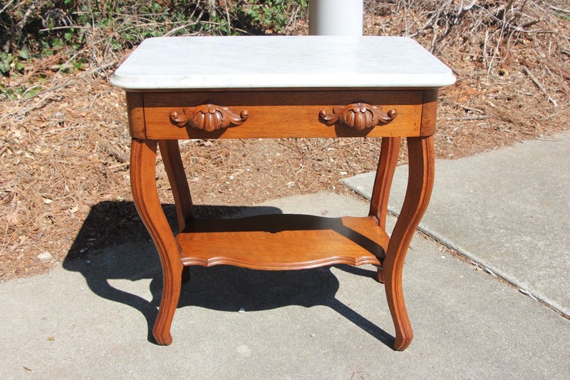 Walnut Victorian Marble Top Writing Table Desk with Shelf and Drawer