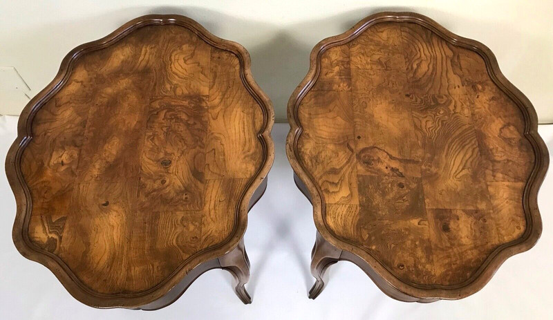 Vintage Pair Louis XV Solid Maple & Burl Inlaid Scalloped Edge Side End Table gallery