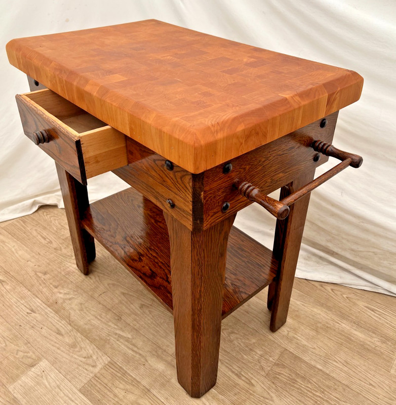 Vintage Butcher Block Carving Table Oak Base with Drawer Shelf End cut Maple top gallery