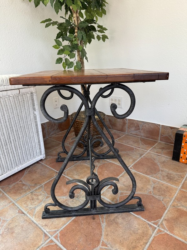 Rare HENREDON SOLID Thick WROUGHT IRON BASE in Art Deco style w/Wooden table top gallery