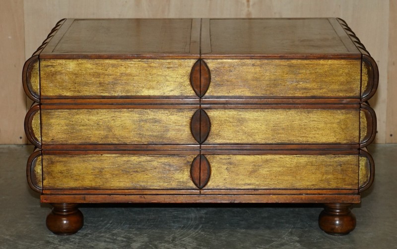 LARGE SIX DRAWER STACK OF SCHOLARS LIBRARY BOOKS COFFEE TABLE BROWN LEATHER TOP gallery