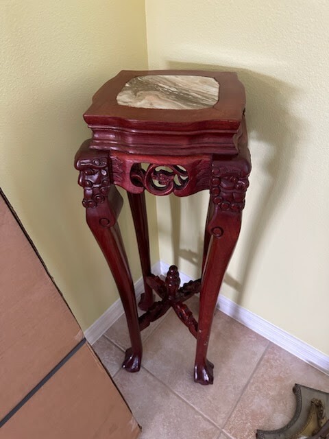 Antique Carved Rosewood Round Plant Stand Marble Top Table