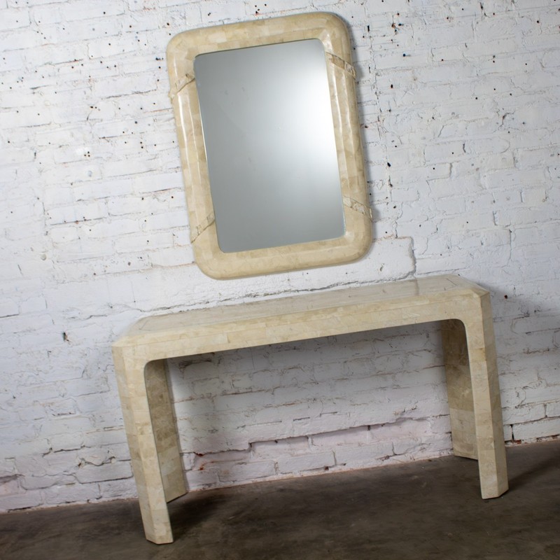 Modern Tessellated Travertine Console or Sofa Table & Wall Mirror Set Philippine