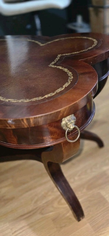 Three 1950s Tables W/ Mahogany Wood, Pressed Leather, And Brass Accents. gallery