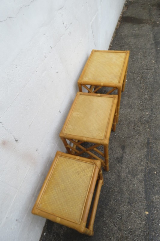 Hollywood Regency Bamboo Rattan Nesting Tables Set of Three 5880 gallery