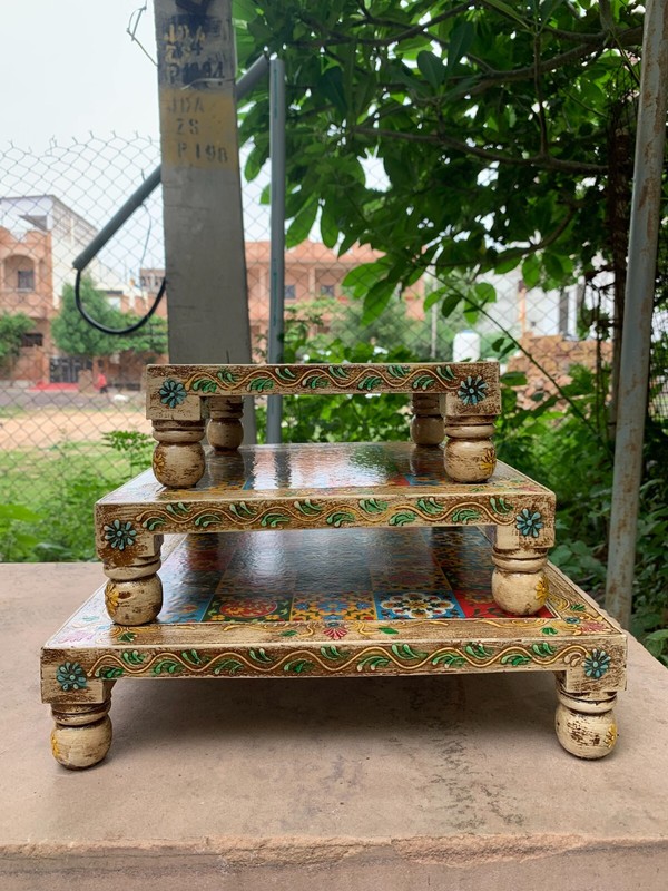 White HandMade Wooden Chowki Set Embossed Antique Design Wooden Table Low Stool gallery