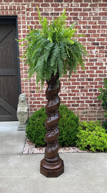 Antique French Barley Twist Pedestal Plant Stand Newell Post Grapevine Oak 57″ T