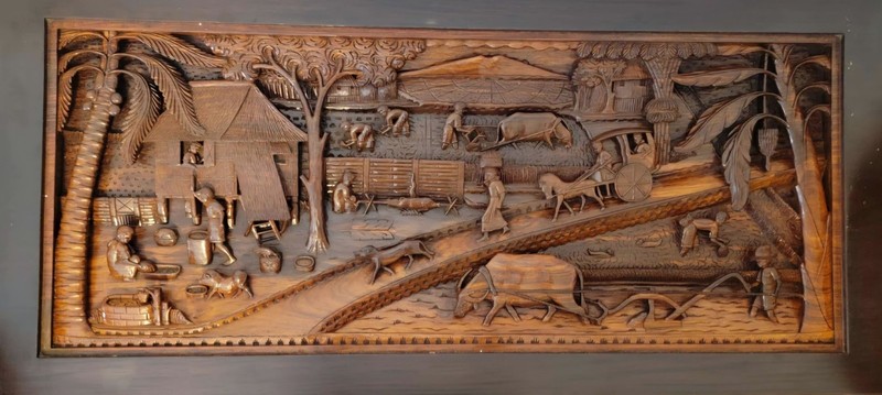 Philippine Handmade Carved Wood Glass Top Table Set with Rural Scene Panels