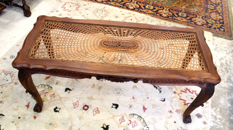French Antique Oak Louis XV Coffee Table | Carved Frame & Glass Top Inset gallery