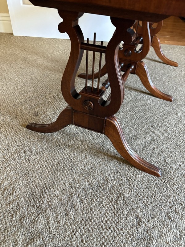 Antique English Regency Mahogany Wood Lyre Harp Base Coffee Table gallery