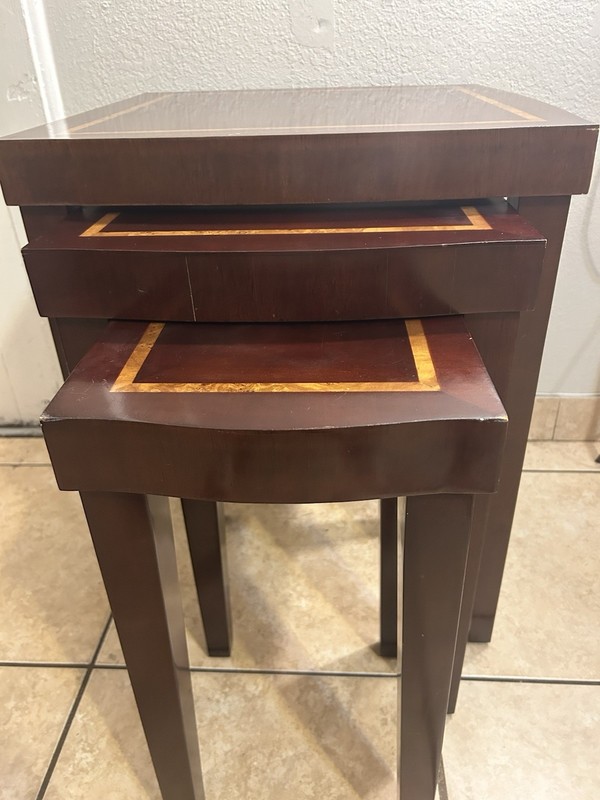 Vintage Solid Mahogany Inlaid Nesting Tables, Quality! Set Of 3 gallery