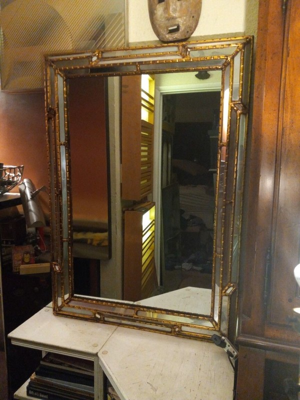 Labarge style giltwood Hollywood Regency modern rectangular faux bamboo mirror