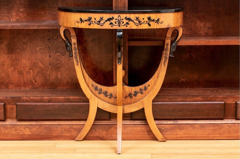 Neoclassical Swan Head Figured Maple Demilune Console Table