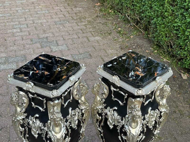Pedestals display stands Italian Baroque Black Silver Marble Top Pair XL 43in gallery