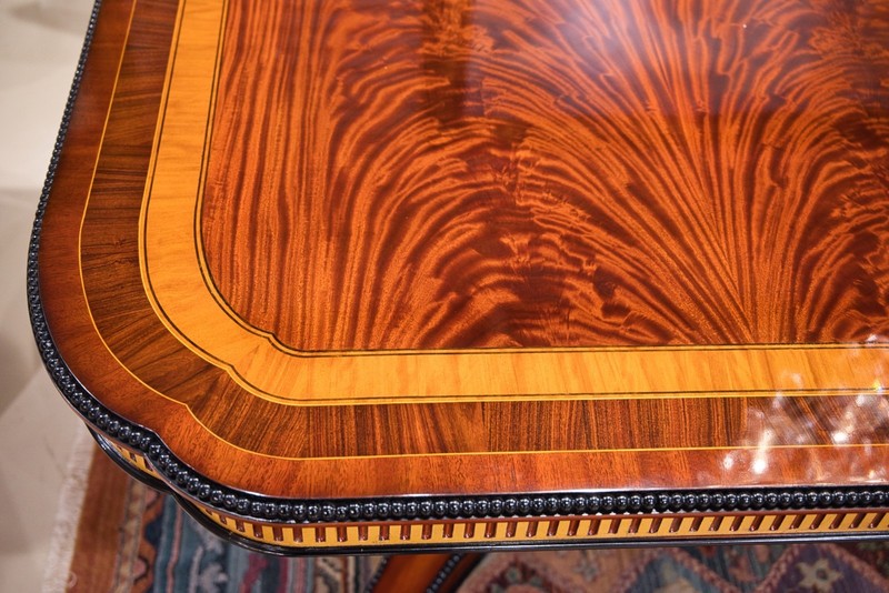 10' Heavy traditional flamed mahogany 2 pedestal formal dining table gold accent gallery