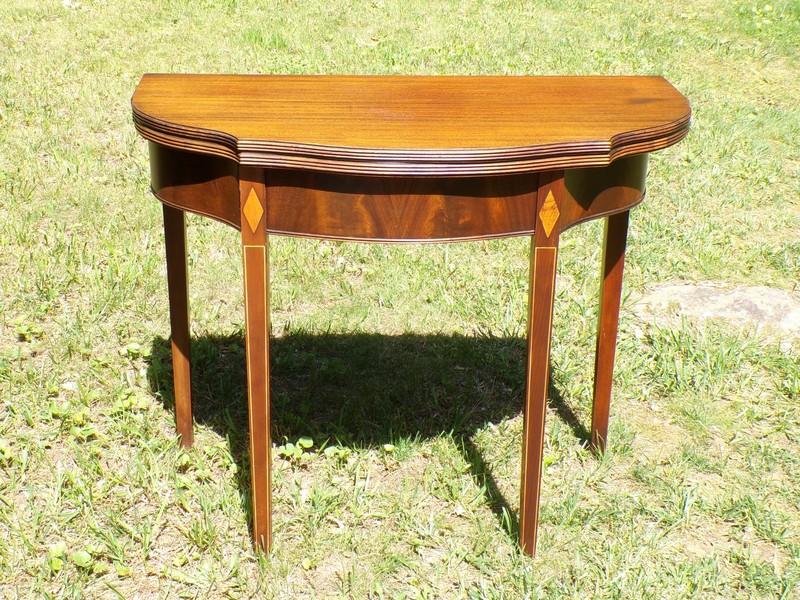Antique Federal Style Inlaid Mahogany Game Card Table Demilune Console Table