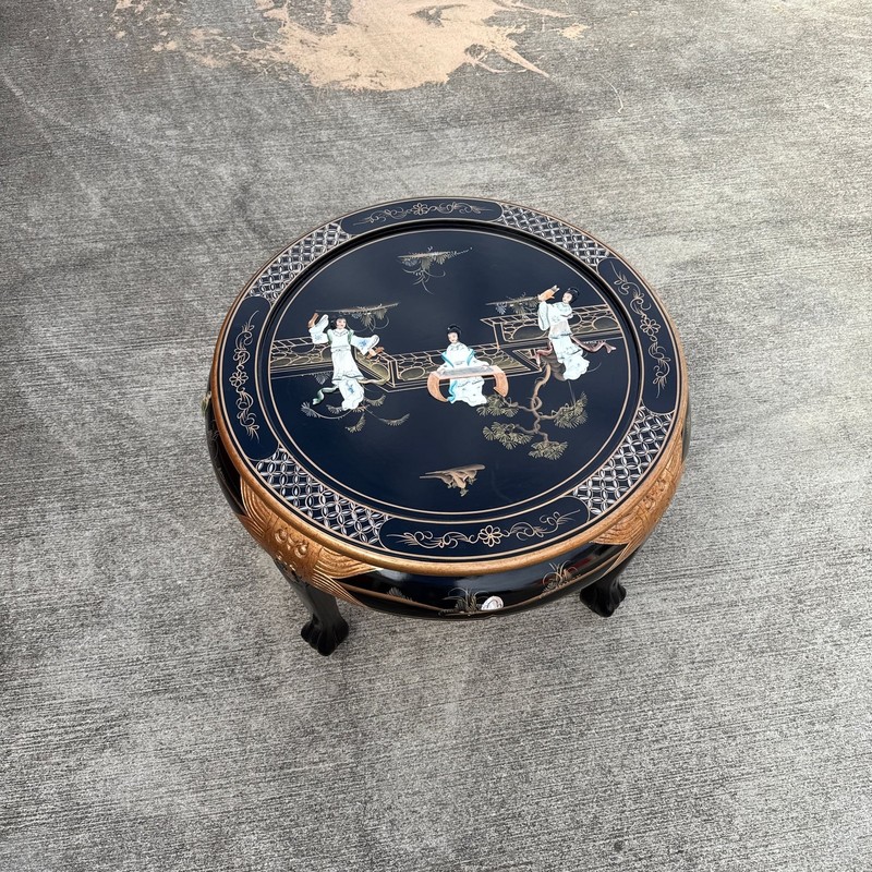Vintage Chinoiserie Black Lacquer Coffee Table Mother of Pearl Inlay