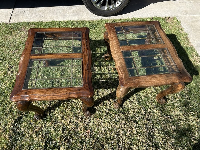 Antique French Style Glass Top Side Tables, Brown Wood, Carved Legs, 28x22x20 gallery