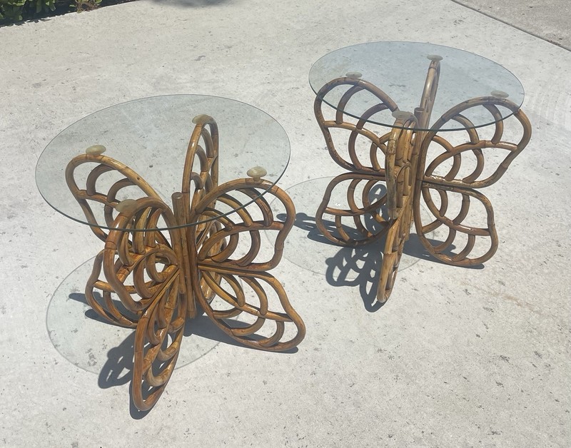 RARE! 2 Vintage Rattan Butterfly Side Tables, Boho-Chic Gems! USHIP delivery! gallery